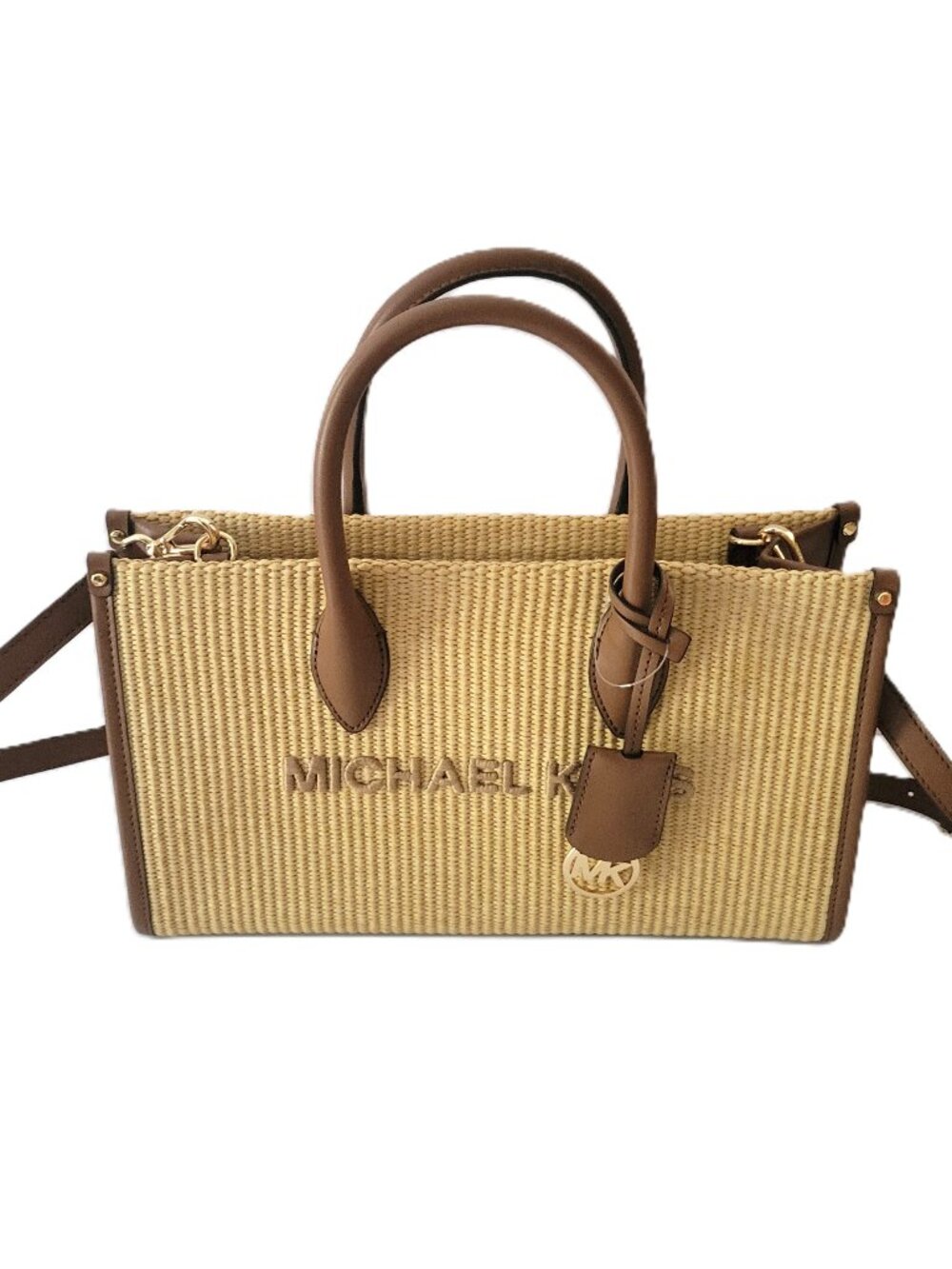 Michael Kors Mirella Medium EW Top Zip Satchel Luggage Woven Straw Faux Leather